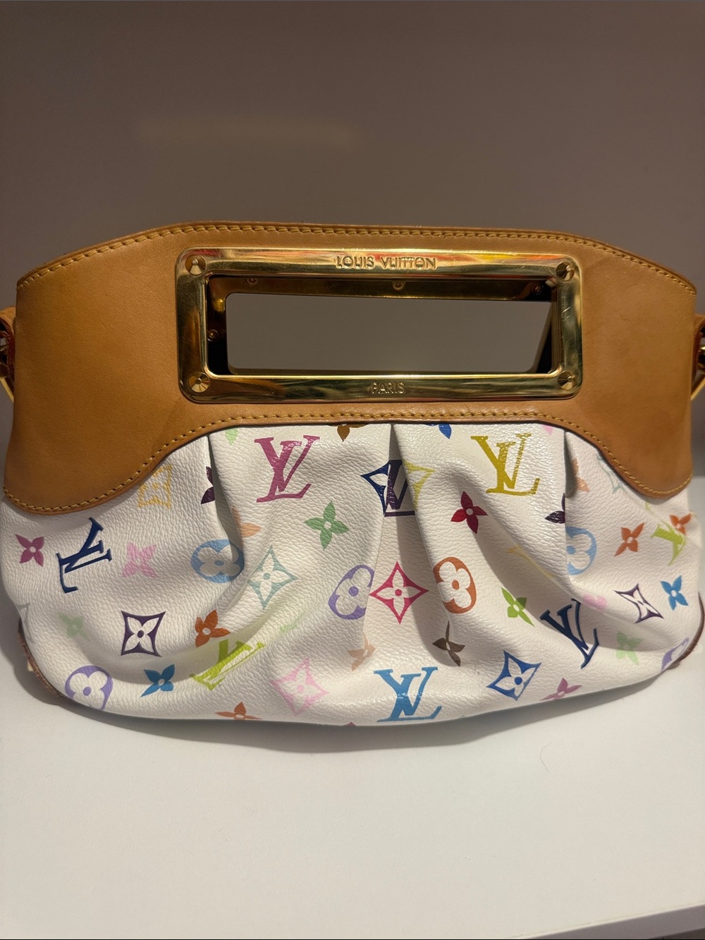 Authentic!! Louis Vuitton White Multicolor Monogram Canvas Clutch with Tan Trim - Picture 1 of 14